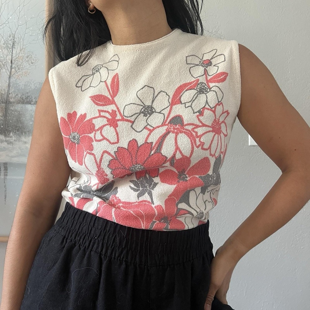 Vintage Womens White Pink Sleeveless Zip Knit Floral Print Blouse Top Medium